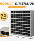 Beefy Cold Rolled Steel 72 Opening Pigeon Hole Bin For Garage Storage, Powder Coated Gray Bolt Bins And Parts Organizer, Heavy Duty Steel Bin Kit Measuring 33.4 Inch L By 31.5 Inch W By 10 Inch H, side view showing dimensions