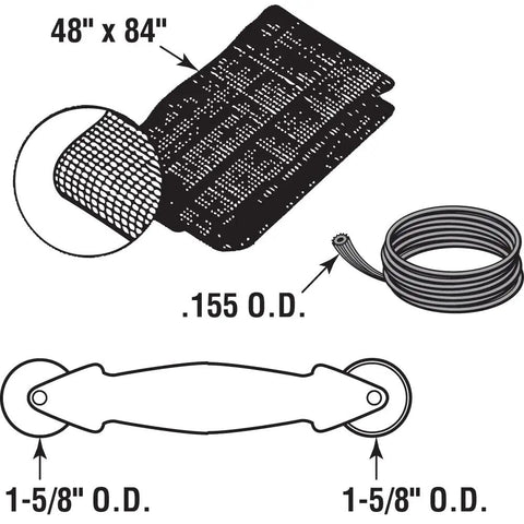 Screen Door Repair Kit With Rolling Tool For Replacing Windows And Patio Door Screens, Includes 48 By 84 Charcoal Fiberglass Cloth, One Kit, Durable Repair For Rips, Tears, And Holes, showing cloth, spline, and tool illustration.