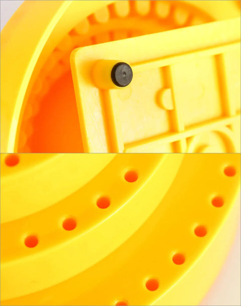 Close-up of yellow Rotary Bur Holder Tool With 116 Holes, featuring drill bit slots on 360 Degree Rotating Base.