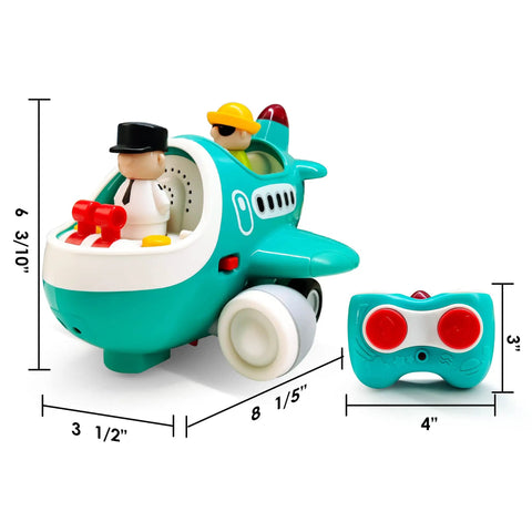 Cool Remote Control Airplane Toy For Toddlers With Lights And Sounds Two Play Modes Safe Design For Little Ones Musical RC Helicopter Gift For 2 3 4 Year Old Boys And Girls showing toy dimensions and remote