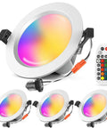 Four 6-Inch Smart LED Recessed Downlights 15W RGBCW 2700K-6500K Multicolor with remote control, dimmable, in white housing.