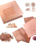 Top Tier 99.9 Percent Pure Copper Sheet 26 Gauge 0.4mm Thick for DIY jewelry and crafts, showing assorted copper plates and shapes.