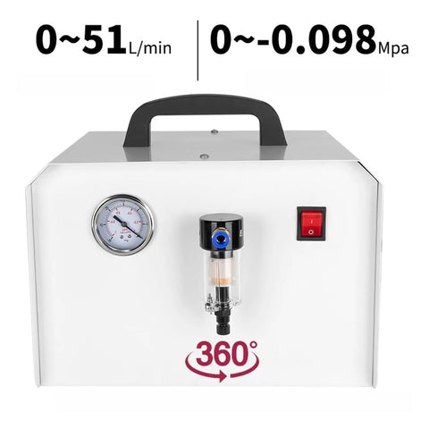 Quiet Diaphragm Vacuum Pump For Laboratory Scientific Research With Vacuum Drying Defoaming Filter Oil Lubricated Micro Pump front view with gauge and filter.