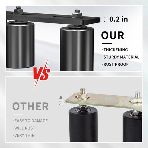 Comparison of 2 Pack Heavy Duty Slide Gate Guide Roller Kit showing thick, sturdy bracket vs thin, rust-prone alternative.