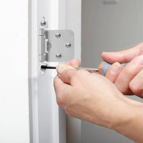 Installation of 10 Pack Half Overlay Spring Cabinet Hinges, 1.2mm White Nickel Metal Door Hardware with screwdriver