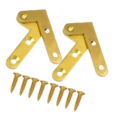 Hidden Brass Gold L Shaped Pivot Hinge 2 Pack For Cabinets And Doors with screws, corrosion resistance visible.