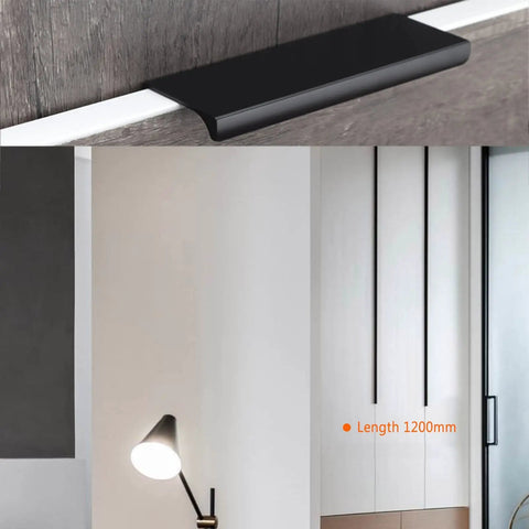 Low Profile Aluminum Edge Pulls Hidden Cabinet Handles With Screws in brown, installed on a modern cabinet, 1200mm length.