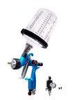 Top Shelf Heavy Duty One Point Three Millimeter Stainless Steel Spray Nozzle Water Based Paint Air Tool Replacement Tip Pro Grade Super Smooth Action Air Spray Accessory Solid Blue Finish with spray gun and pressure regulator.