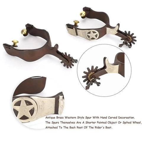 Antique Brown Western Style Horse Spurs 1 Pair With Hand Carved Decoration, brass accents for boots, equestrian riding gear