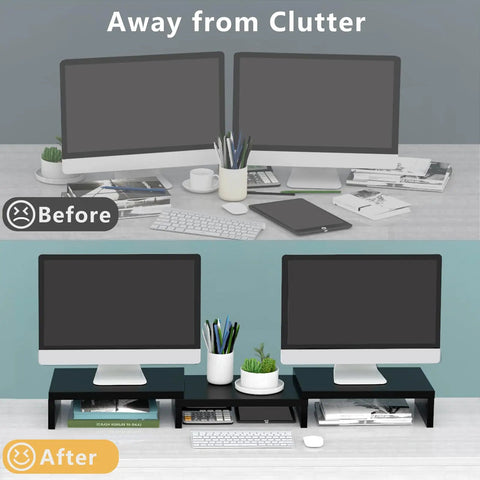 Dual Monitor Stand Riser For Desk Setup With 3 Shelf Adjustable Length And Tilt Extra Long Multifunctional Wood Stand Black
