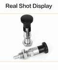 Top Shelf M8 Self Locking Indexing Pin With Spring Loaded Latch Bolt, two stainless steel pins side by side, showcasing details.