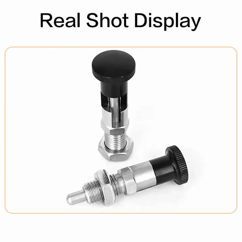 Top Shelf M8 Self Locking Indexing Pin With Spring Loaded Latch Bolt, two stainless steel pins side by side, showcasing details.