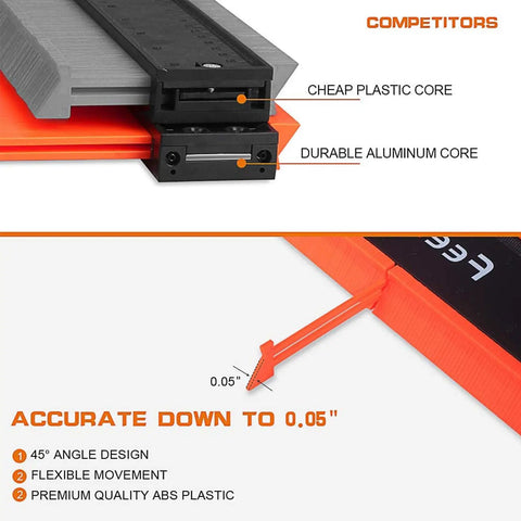 Comparison of 12 Inch Contour Gauge With Lock Profile Tool for woodworking, showing 0.05" accuracy with durable ABS and metal construction