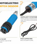 Industrial Grade Photoelectric Sensor M18 Diffuse Reflection with wiring and potentiometer details for automation setups