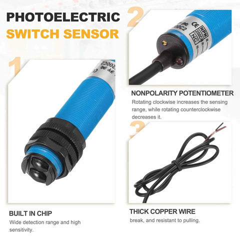Industrial Grade Photoelectric Sensor M18 Diffuse Reflection with wiring and potentiometer details for automation setups
