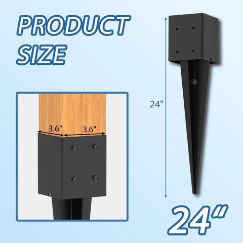 Heavy Duty Fence Post Anchor Ground Spike 24 Inch Metal Post Base Fits 3.6 by 3.6 Inch Black Powder Coated diagram