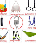 Image shows uses of heavy duty porch swing springs: swing, hammock, boxing bag, gym rings, aerial yoga, sling trainer, sunshade sails.