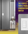 Triple Paddle Rocker Decorator Switch With Ground Terminal And Clamp-Type Back Wiring Copper Contacts Single Pole Residential Grade 15A 120V To 277V White installed on wall