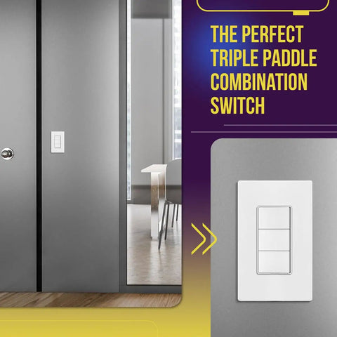 Triple Paddle Rocker Decorator Switch With Ground Terminal And Clamp-Type Back Wiring Copper Contacts Single Pole Residential Grade 15A 120V To 277V White installed on wall