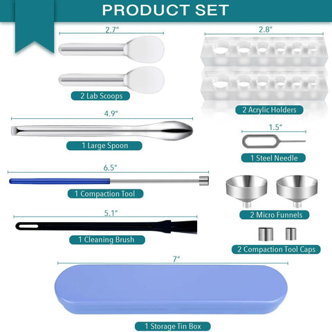Filling Tool Kit For Home And Lab Use With Micro Funnels, lab scoop, needle, and aluminum tools in storage tin box.