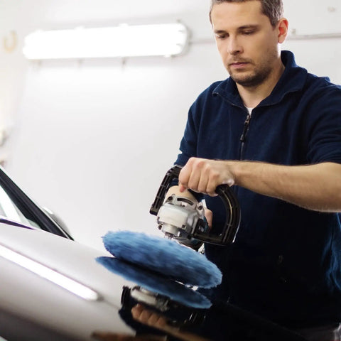 Person using 20 Piece Car Orbital Buffer Polisher Pad Bonnet Microfiber Cover For Seven To Eight Inch Pads on car hood