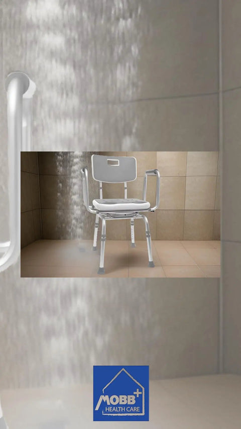 360 Degree Swivel Shower Chair With Back Support, Adjustable Height 20 To 25 Inches, shown under shower spray in bathroom