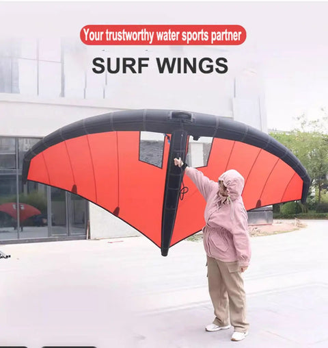 Person holding Inflatable Windsurfing Wing For Water Sports, Handheld Wingsurfer Kite with Clear Window, Red