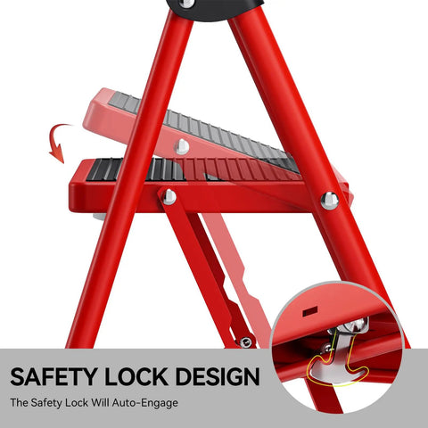 Two Step Folding Ladder With Wide Anti Slip Pedals And Handrails, Lightweight Portable Kitchen Stool, Red. Safety lock design