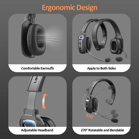 Bluetooth Headset With Microphone For Trucker And Remote Work, AI Noise Cancelling, ergonomic design with rotatable mic and adjustable headband