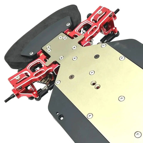 Heavy Duty Metal Front And Rear Suspension Arm Steering Cup Hub Carrier Set For 10th Scale RC Cars Compatible With PTG2 Platform Rad Beefy Upgrade Kit In Bright Red mounted on chassis