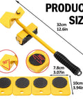 Vivicreate Heavy Duty Furniture Mover Kit With Wheels And Sliders showing lifting arm and four rubberized sliders in yellow.