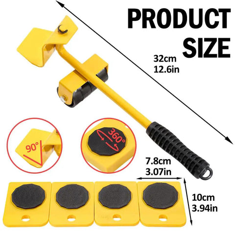 Vivicreate Heavy Duty Furniture Mover Kit With Wheels And Sliders showing lifting arm and four rubberized sliders in yellow.