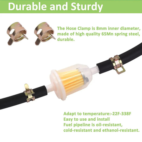 Three Sixteenth Inch ID Fuel Line Hose Ten Feet Long For Small Gas And Diesel Engines And Generators, clamps and filter visible