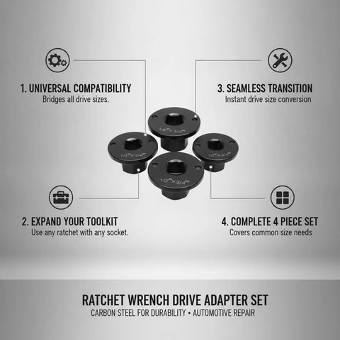 Kick Ass Multipurpose Ratchet Drive Adapter Kit With 4-Piece Carbon Steel Socket Converter Set For Ultimate Versatile Tool Compatibility In Auto Repair And Gear Work, 4-piece set