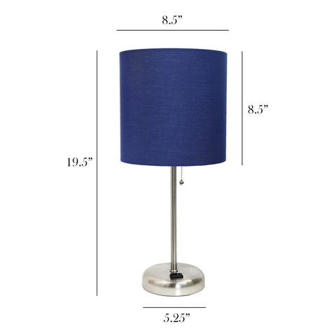 Brushed Steel Desk Lamp With Built In Charging Outlet And Drum Fabric Shade, Slim Modern Table Light In Gray For Home Or Office