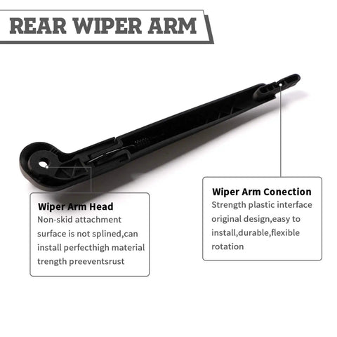 Heavy Duty Rear Windshield Wiper Arm And Blade Kit For Jeep Wrangler JK 2007 To 2018 With No Sweat Install view showing Wiper Arm Head and Connection details.