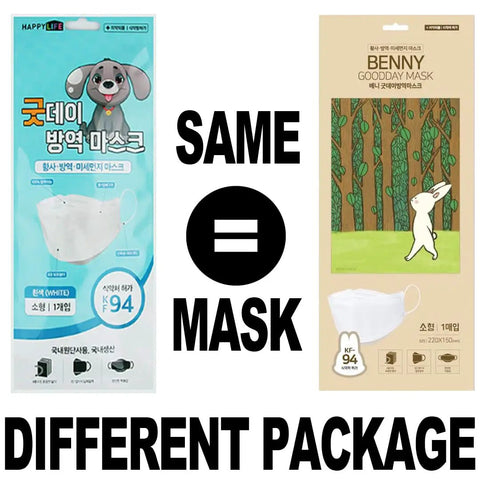 Kids KF94 Face Mask For Protection White 20 Pack Made In Korea Premium KF94 Certified Dust Mask packaging comparison