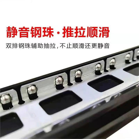 Close-up of thickened drawer buffer three section slide rail with silent steel ball guide, highlighted features in text.