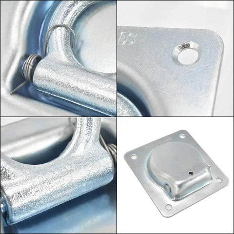 Rock Solid Recessed D Ring Tie Down Anchors Flush Mount Square Cargo Lockdown Kit 4 Pack Heavy Duty Steel Load Holders close-up details.