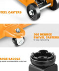 Close-up of Low-Profile Hydraulic Trolley Floor Jack, 2 Ton Capacity with steel casters, swivel casters, large saddle.