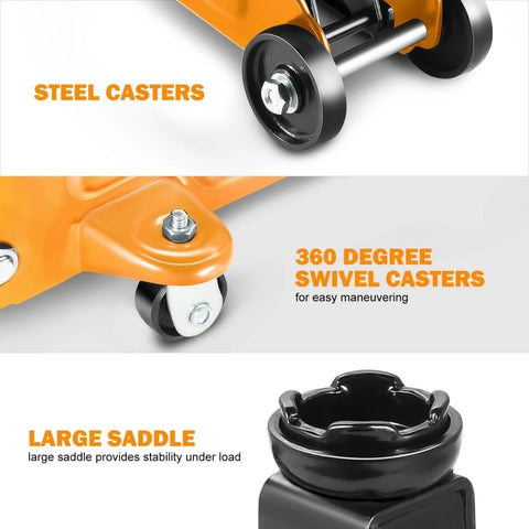 Close-up of Low-Profile Hydraulic Trolley Floor Jack, 2 Ton Capacity with steel casters, swivel casters, large saddle.