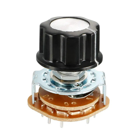 3 Pole 4 Throw Rotary Switch With Band Selector, Single Deck, Black Plastic Knob, 9mm Mount Hole, 15 Pins, Nut Included
