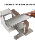 Straight Shooter Compact Orbital Belt Sander With Variable Speed Control And Stainless Steel Body For Metal Polishing Grinding And Tool Sharpening, sharpening a knife blade with sander,  stainless steel body.