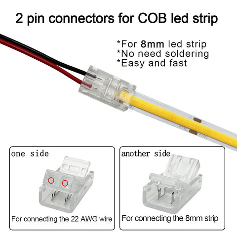 2 pin connector for 8mm COB LED strip showing connections for 22 AWG wire and LED strip