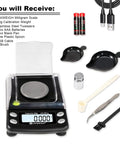 Ultra Precision Micro Scale 0.001g To 50g Pocket Scale With USB Or Battery Power, tare, cal weight, 6 units, accessories shown
