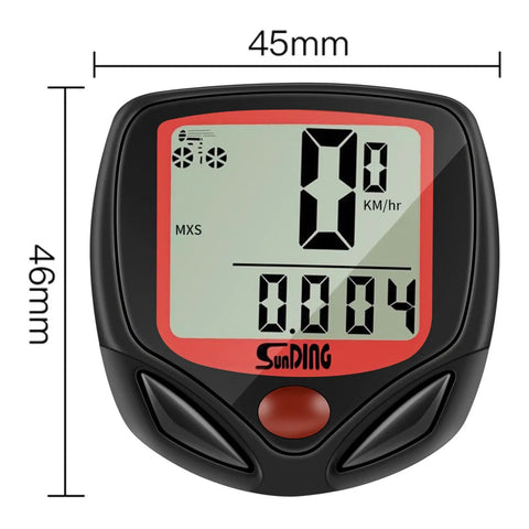 Compact LCD Bike Computer With Odometer And Speedometer, 45x46mm, digital display showing speed and distance, black and red.