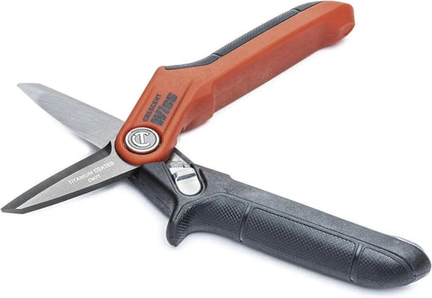 Seven And A Half Inch Titanium Coated Tradesman Utility Shears Heavy Duty Industrial Scissors with ergonomic handles showing blades