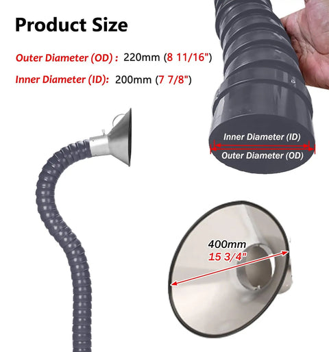 Heavy Duty Duct Hose Fume Extractor With Hood And Flexible Articulated Extraction Arm 200mm By 2m Dust Collection Tube size details