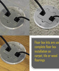 Floor Kit With Recessed Duplex 15A TR Device And Adjustable Steel Box 1 Gang Nickel Finish Tamper Resistant Receptacle installed on various floorings