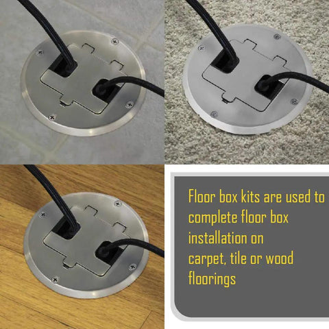 Floor Kit With Recessed Duplex 15A TR Device And Adjustable Steel Box 1 Gang Nickel Finish Tamper Resistant Receptacle installed on various floorings